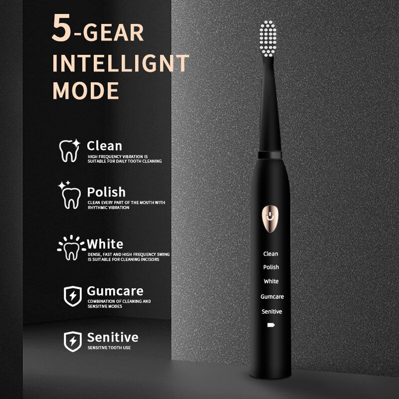 Thumbnail: Jianpai Adult Black White Classic Acoustic Electric Toothbrush Adult 5-gear Mod