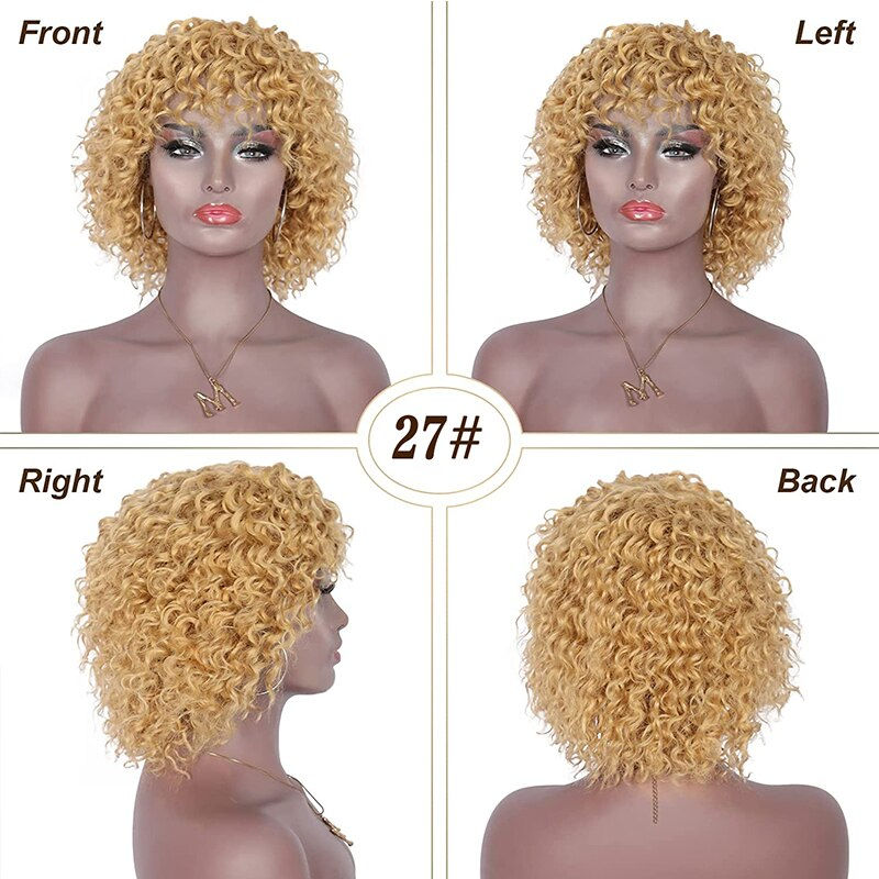 Thumbnail: 8 Inch Short Pixie Curly Bob Wig with Bangs Brazilian Human Hair Bouncy Curl Wi
