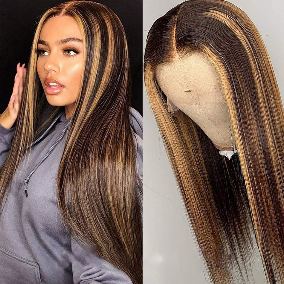 Thumbnail: Straight Long Highlight Ombre Blonde 23A Grade Jewish Full Lace Wig 4x4 Silk Ba
