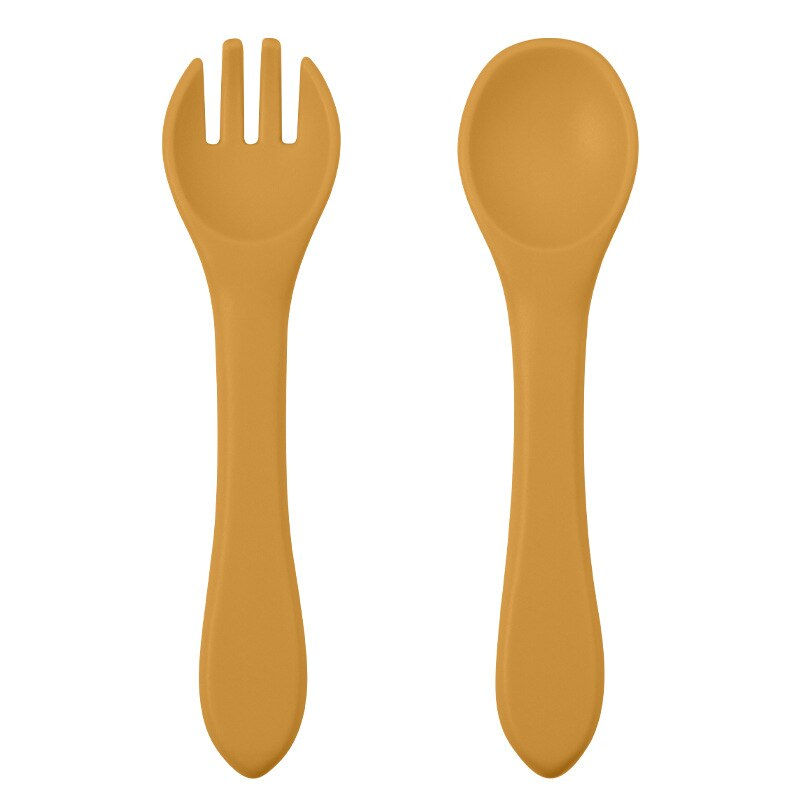 Thumbnail: 2PCS BPA Free Baby Silicone Spoon Fork Set Wooden Handle Baby Feeding Spoon For