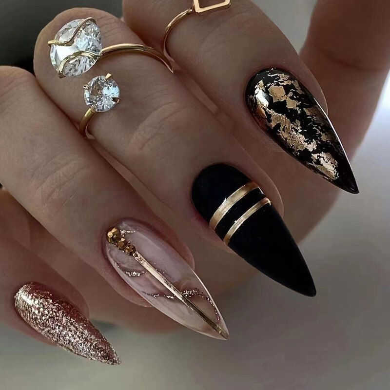 Thumbnail: 24Pcs Pink Almond False Nails Shiny Golden Ripples Stiletto Fake Nails Detachab