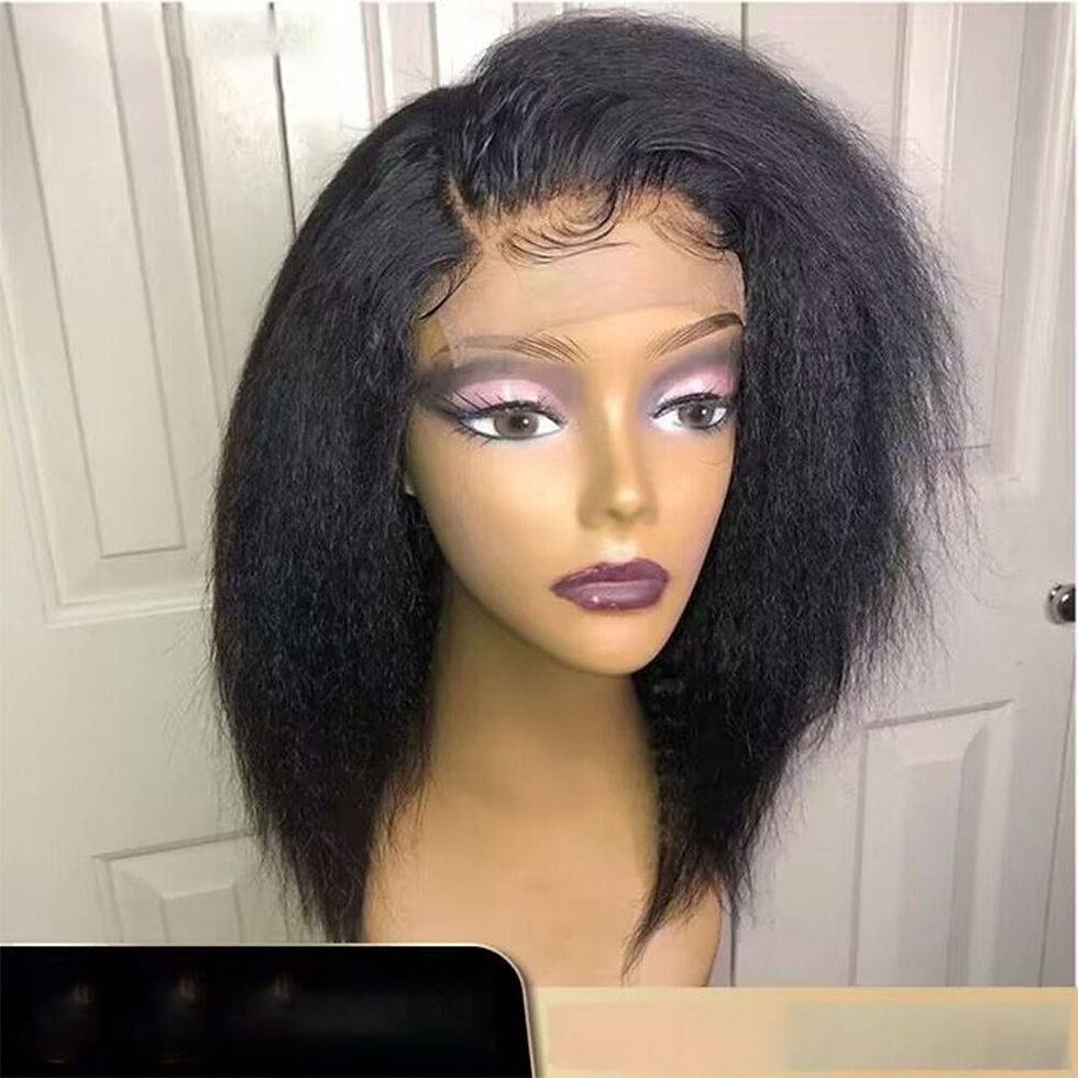 Thumbnail: 180%Density 14Inch Short Bob Natural Black Yaki Kinky Straight Deep Lace Front 