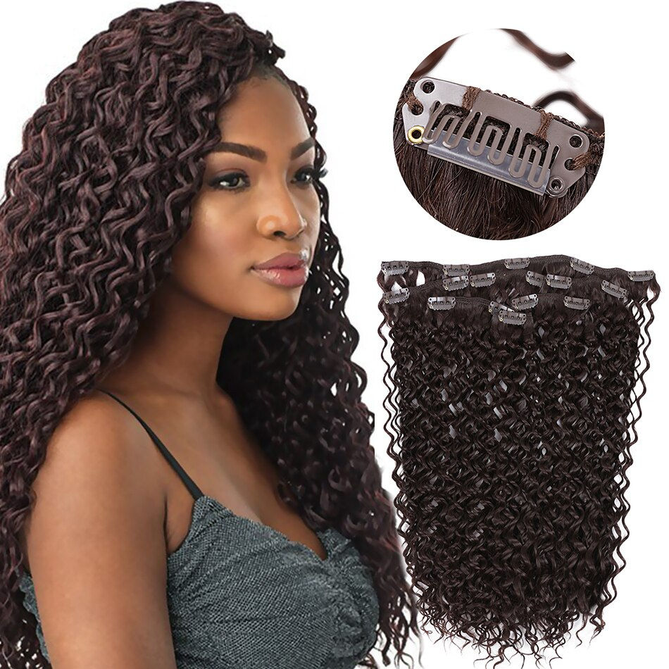 Thumbnail: Deep Wave Synthetic Clip In Hair Extensions Double Weft 7 Pieces/Lot Full Head 