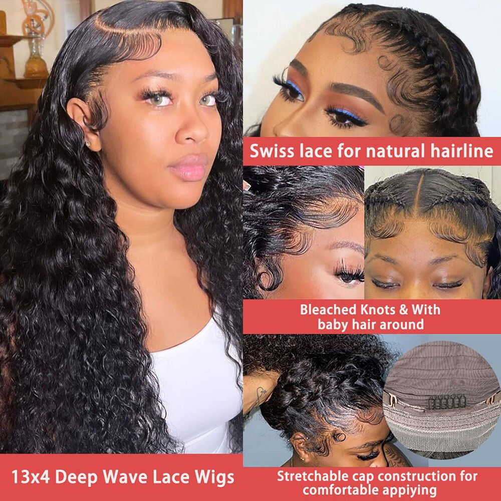 Deep Wave 13x4 Lace Frontal Human Hair Wig Brazilian 30 32 Inch HD Transpare La