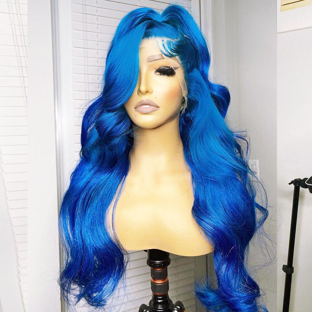13x4 13x6 Transparent Lace Frontal Body Wave Human Hair Wig Blue Color Brazilia