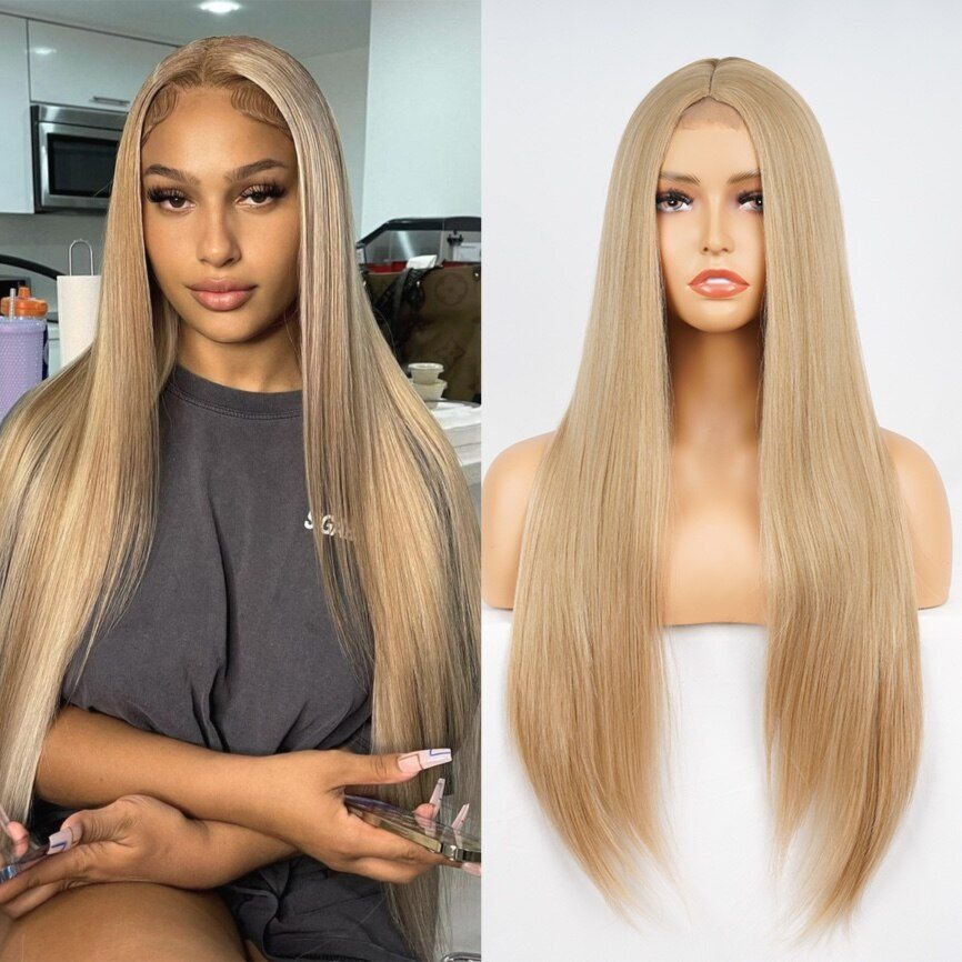 Thumbnail: Light Brown Synthetic Long Straight Wig Middle Part Natural Hairline Wig Highli
