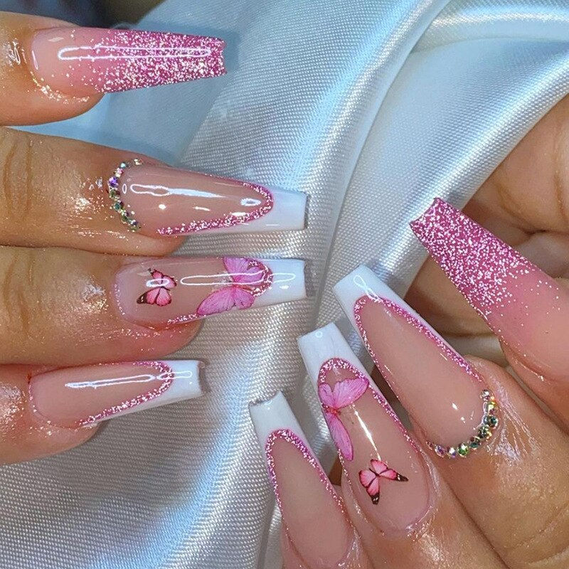 Thumbnail: 24Pcs False Nails Rhinestone Glitter Marble Grain Design Fake Fingernails Long 