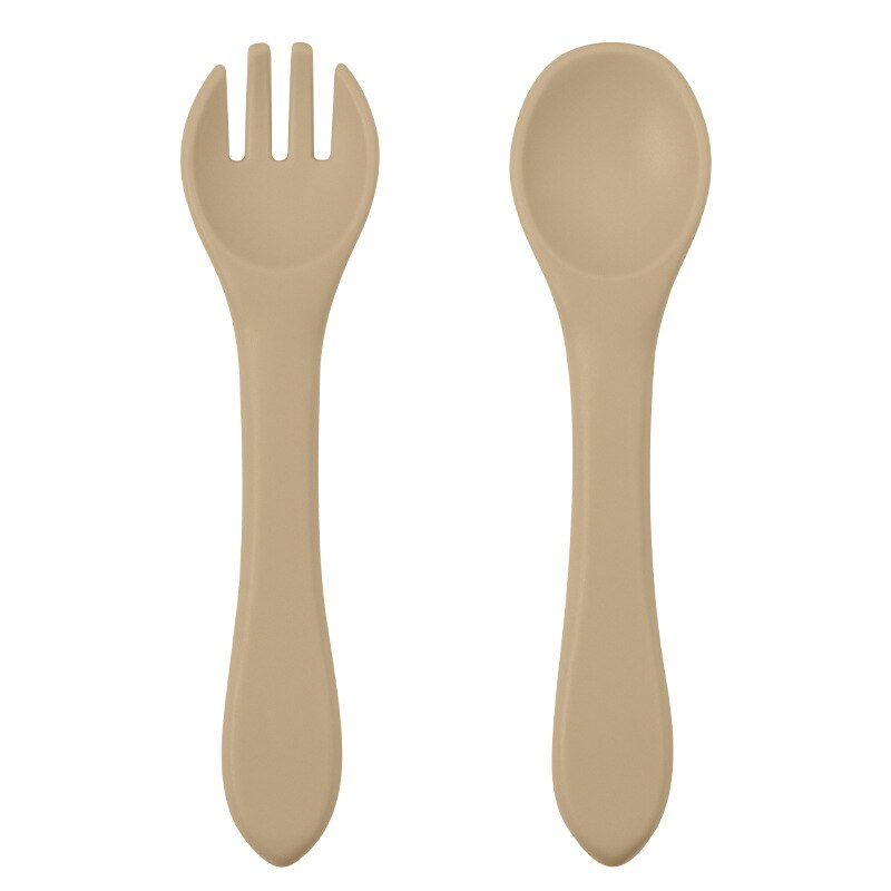 Thumbnail: 2PCS BPA Free Baby Silicone Spoon Fork Set Wooden Handle Baby Feeding Spoon For