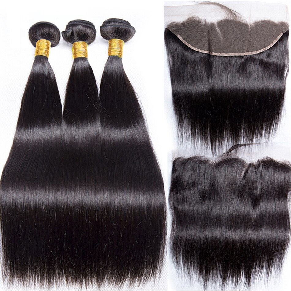 Thumbnail: Straight Hair 3 Bundles With Closure Front Natural Black 100% Human Hair Weaves