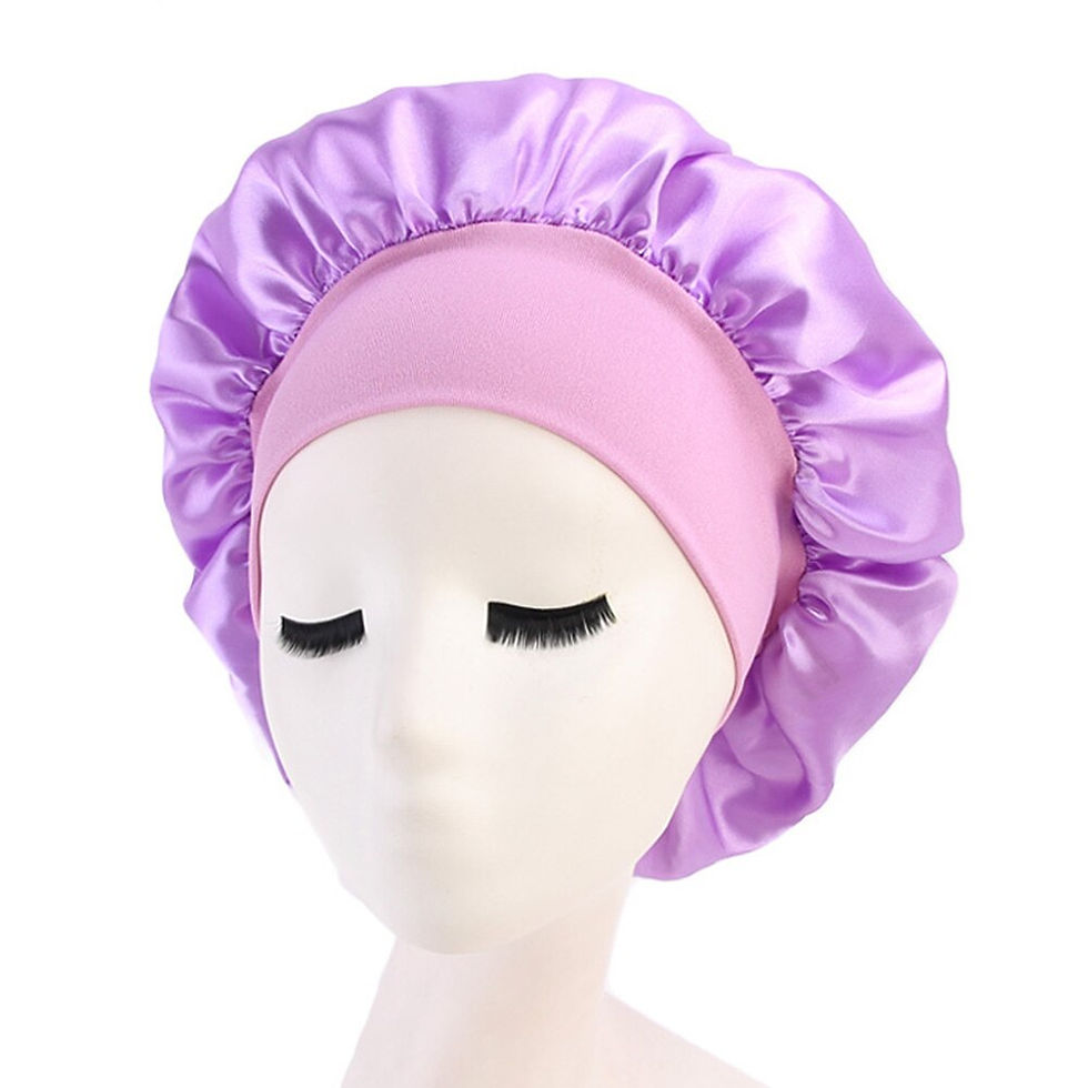 Thumbnail: Women's Satin Solid Wide-brimmed Sleeping Hat Night Sleep Cap Hair Care Bonnet 