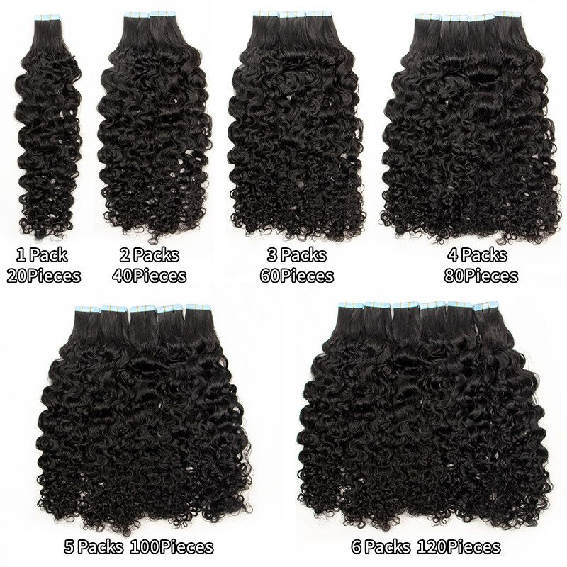 Thumbnail: Water Wave Tape In Human Hair Extensions Remy Curly skin weft Tape Hair Extensi