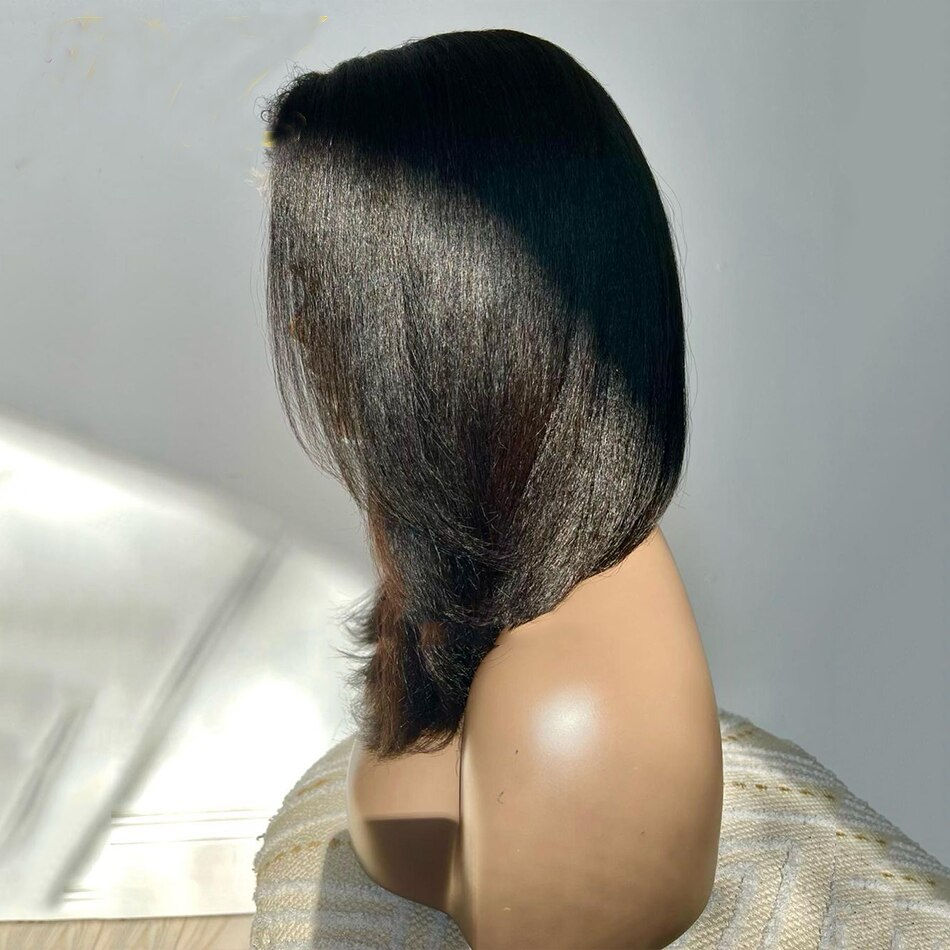 Thumbnail: 180%Density 14Inch Short Bob Natural Black Yaki Kinky Straight Deep Lace Front 