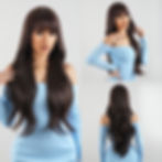 Thumbnail: Long Dark Ombre Wine Red Brown Synthetic Wigs with Bangs Natural Wavy Hairs Wig