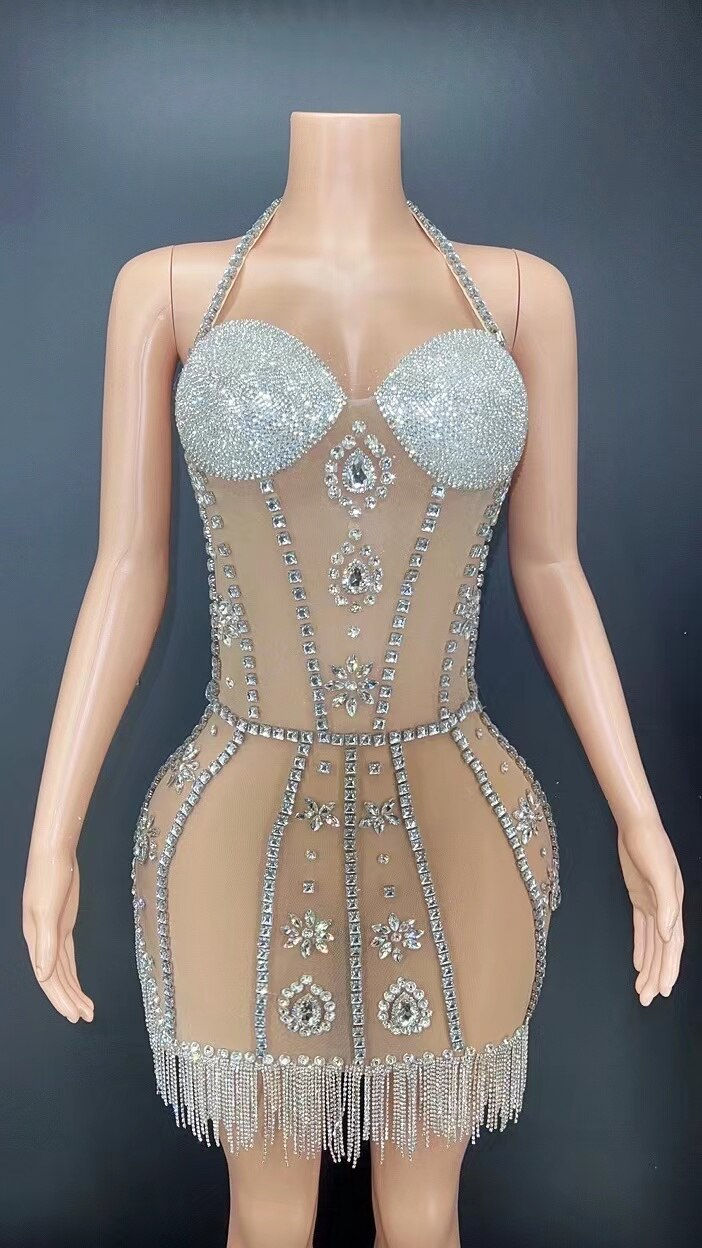 Sexy Sparkly Silver Rhinestone Fringes Halter Mesh Transparent Short Crystals D