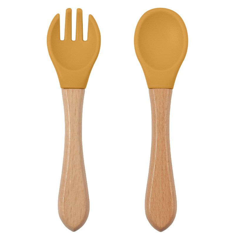 Thumbnail: 2PCS BPA Free Baby Silicone Spoon Fork Set Wooden Handle Baby Feeding Spoon For