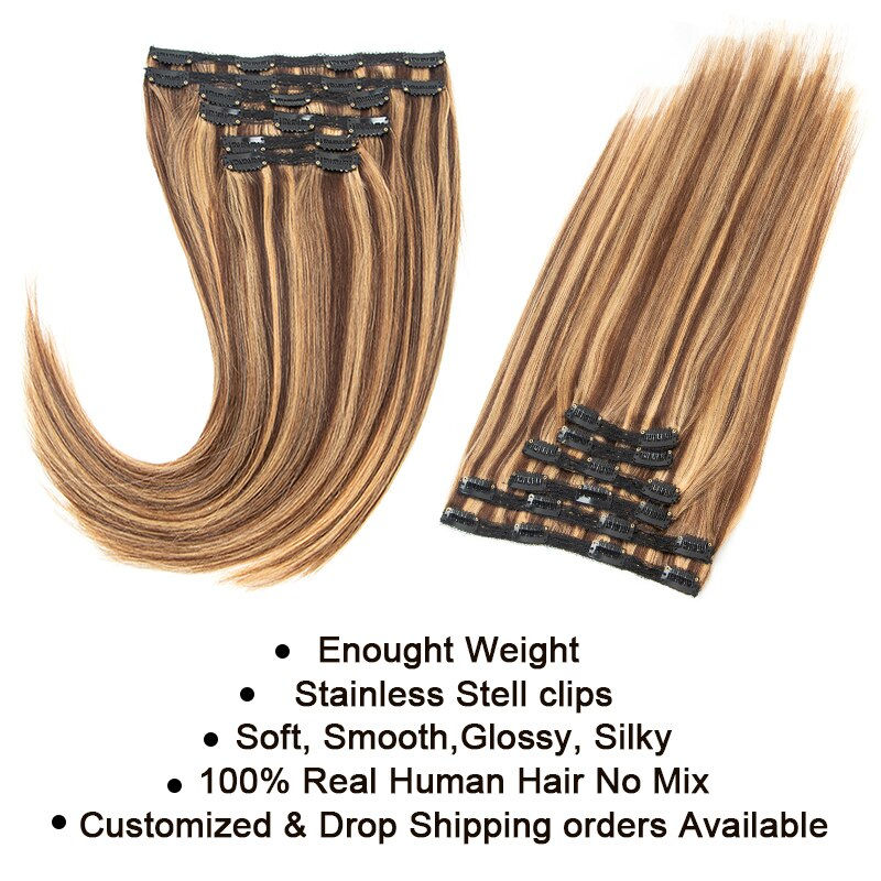 Thumbnail: Clip In Human Hair Extensions Machine Made Remy Clip Ins Full Head 12-24 inch  