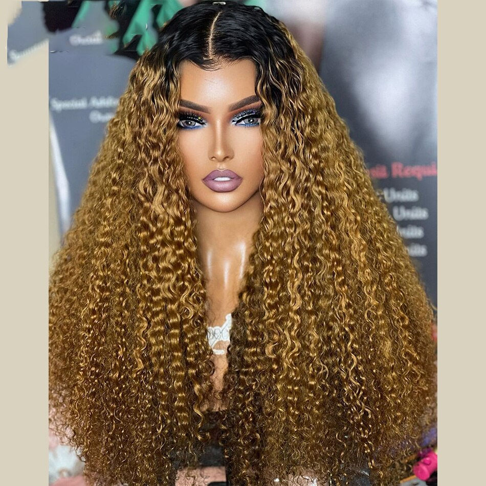 Thumbnail: Glueless Preplucked Soft 26"Long Kinky Cruly 180%Density Ombre Honey Blonde Bro