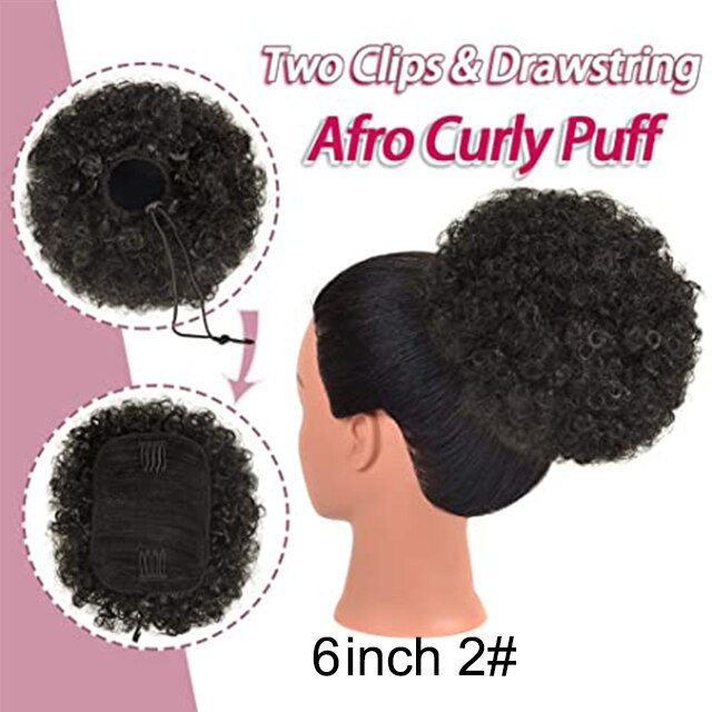 Thumbnail: Synthetic Short Afro Puff Bun Ponytail African American Wrap Black Gray Fake Po