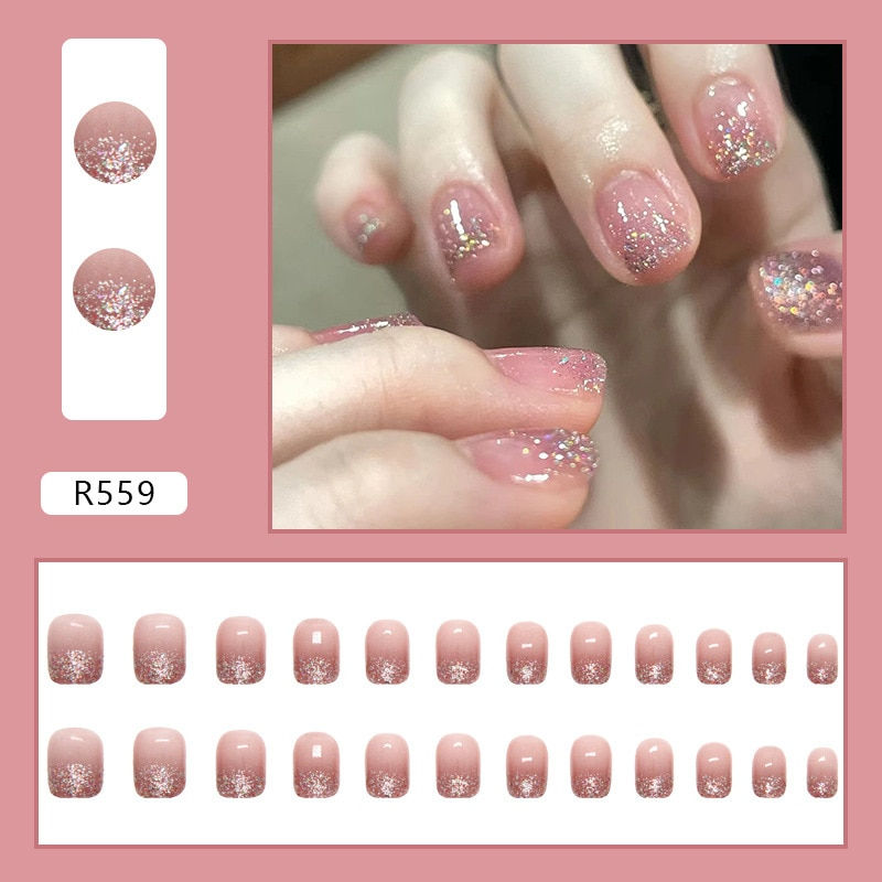 Thumbnail: 24pcs French Fake Nails Short Art Nail Tips Press Stick on False with Designs F