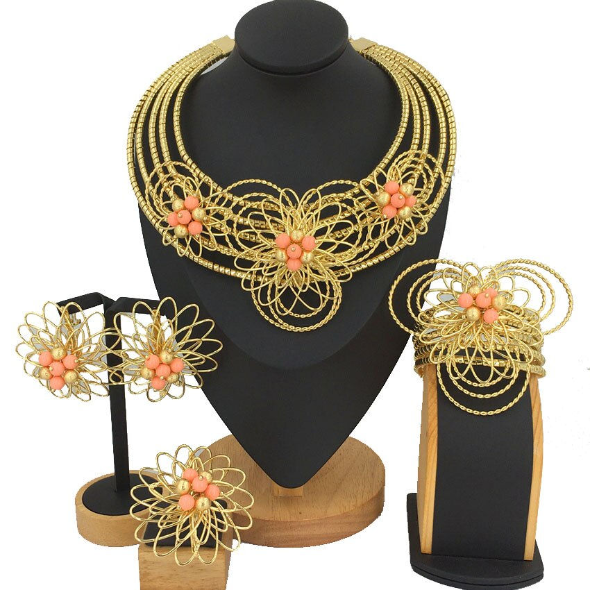 Thumbnail: Fashion Ladies Mama Large Flower Necklace Earrings Ring Wedding Party Gift Braz