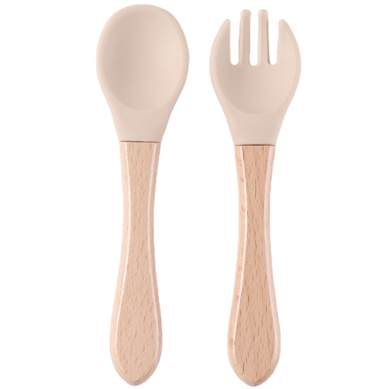 Thumbnail: Silicone Baby Feeding Spoon Fork with Wooden Handle Kids Learn To Eat Children'