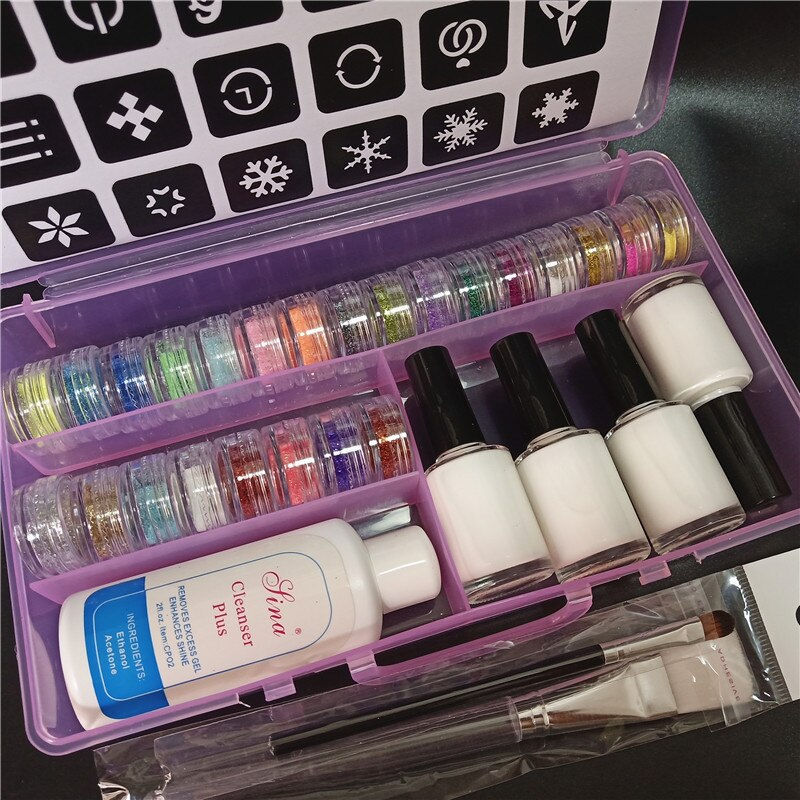 Thumbnail: Temporary Diamond Glitter Tattoo Kit 24 Colors Powder 4 Glue Stencil Hollow Tem