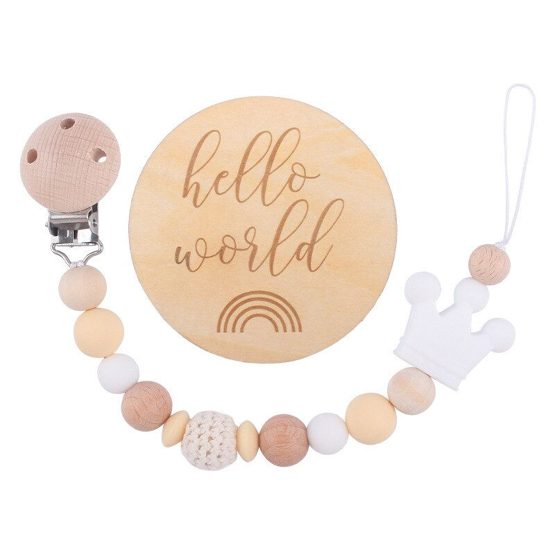 Thumbnail: Baby Pacifier Clips with Hello World Sign Silicone Beads Wooden Pacifier Chain 