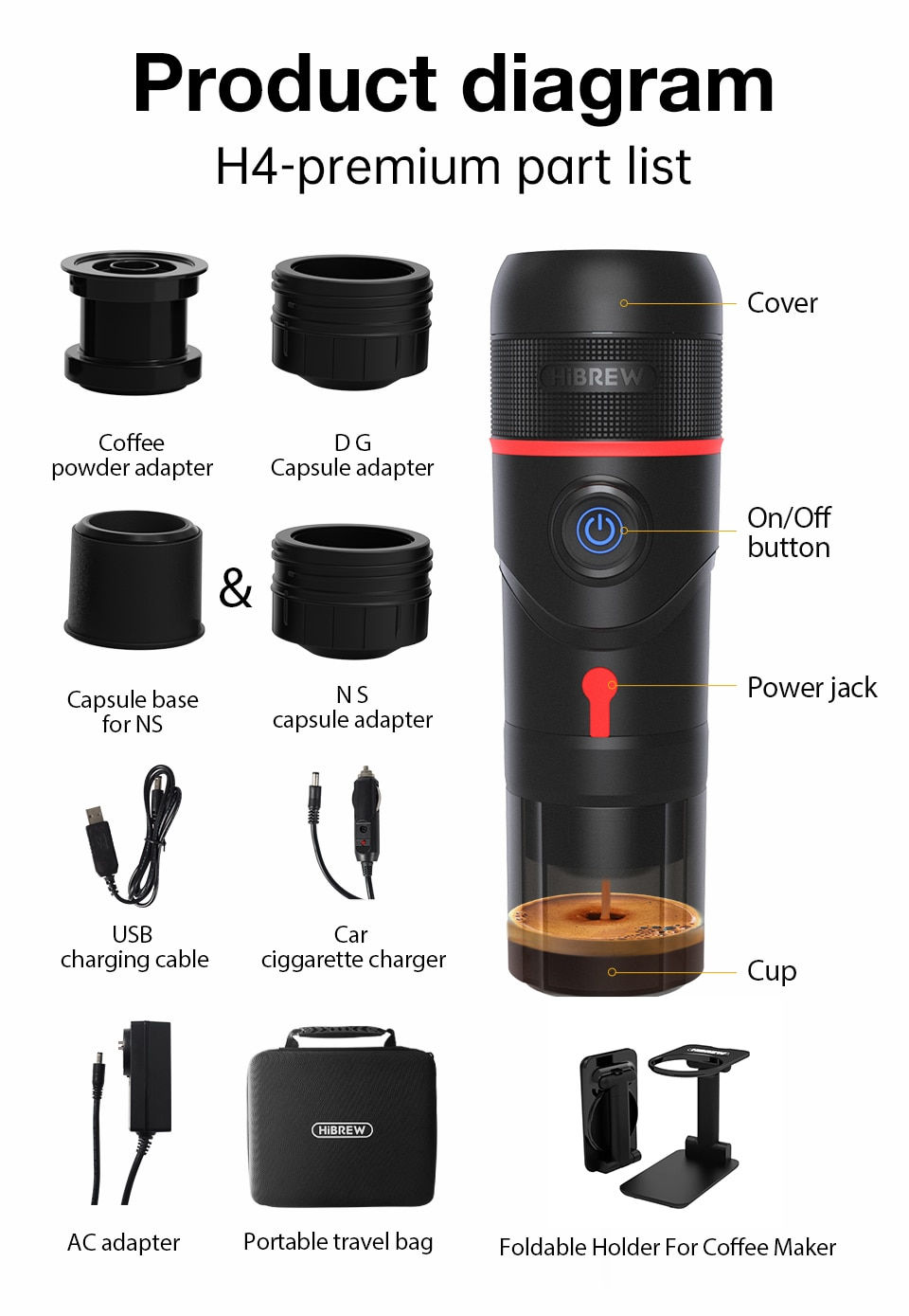 Thumbnail: HiBREW Portable Coffee Machine for Car & Home,DC12V  Expresso Coffee Maker Fit 
