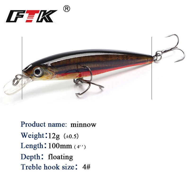 Thumbnail: FTK 12g Floating Swimbait Hard Bait Minnow Fishing Lure 10cm 3D Eye Jerkbait Wo