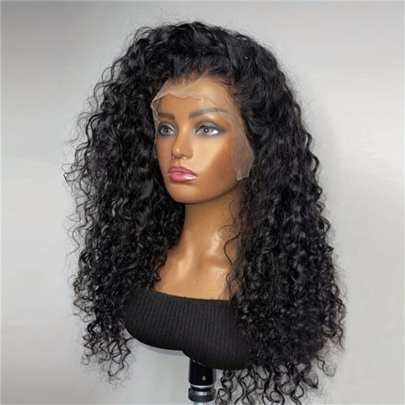 26 Inches Black Kinky Curly Glueless Preplucked Long 180%Density Lace Front Wig