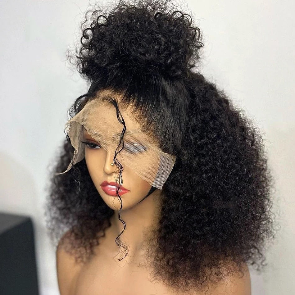 Thumbnail: 26Inch 180%Density Long Black Kinky Curly Preplucked Soft Natural Hairline Glue