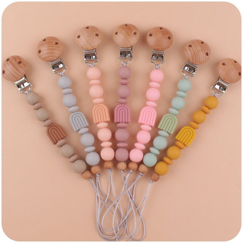 Thumbnail: Baby Pacifier Clips Anti-drop Wooden Soother Clip Pacifier Chain Silicone Rainb