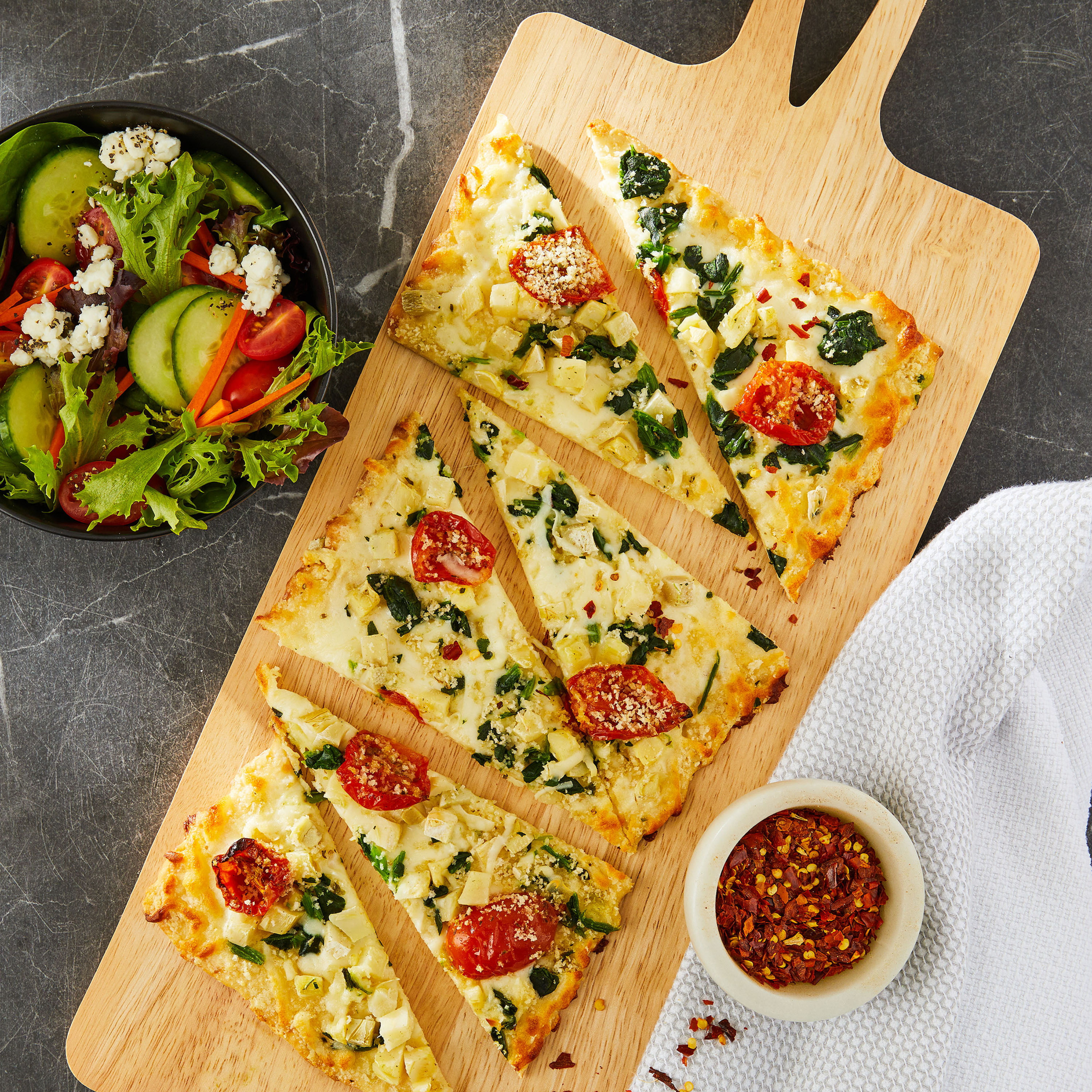 WISHALIVE FRESH [Baked Hot] Artichoke Spinach Tomato Flatbread Pizza, White Gar