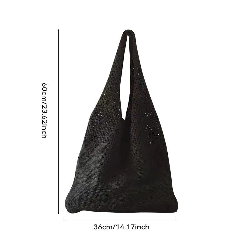 Thumbnail: Female Simple Retro Solid Color Hollow Knitted Handbag Knitting Woolen Large Ca