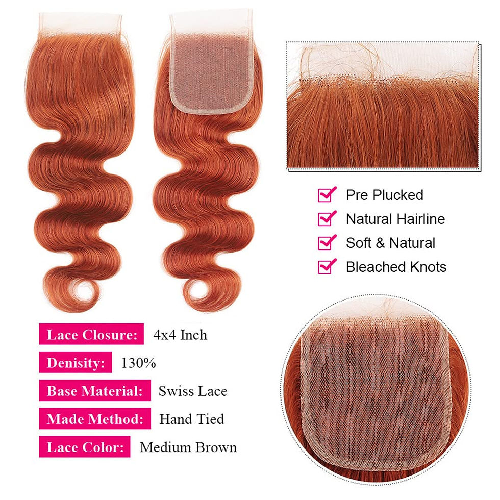Thumbnail: Ginger Orange Bundles With Closure Brazilian Human Hair Extensions Body Wave Bu