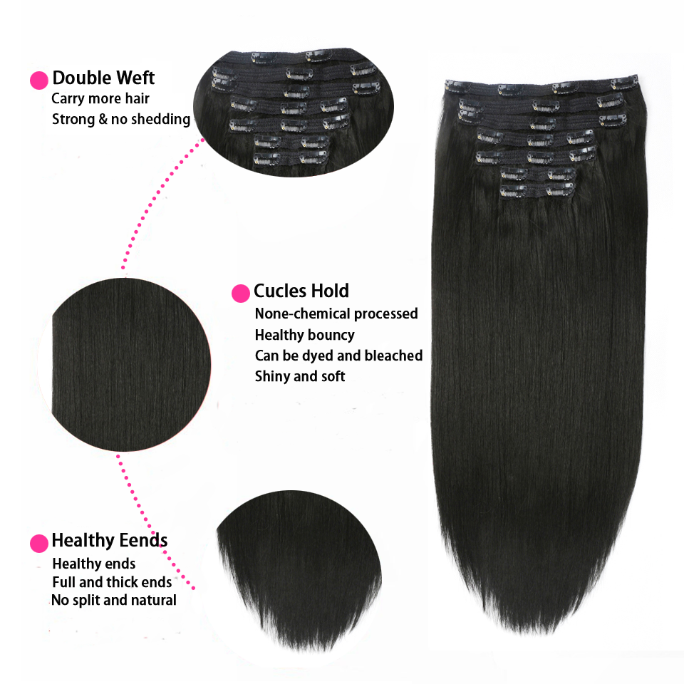 Thumbnail: Straight Clip In Hair Extensions Human Hair Brazilian Clip In 8 Pcs/Set Natural