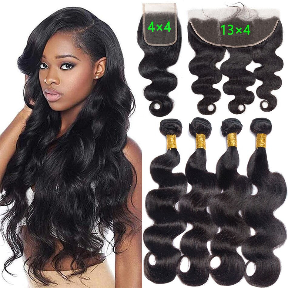 Thumbnail: Body Wave Bundles With Frontal 13x4 HD Transparent 100% Human Hair Extensions B