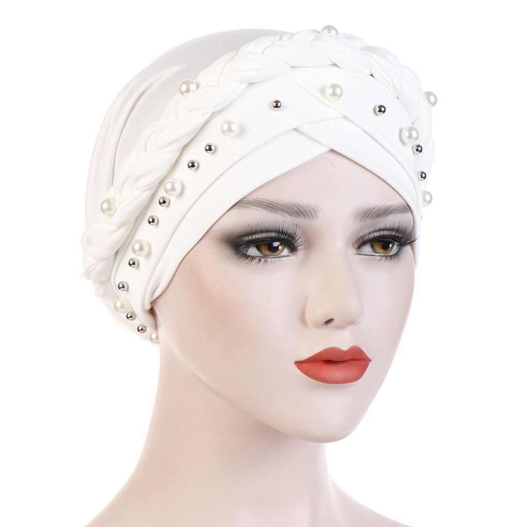 2022 New Designer Single Braid Hat Stud White Pearls African Headtie Muslim Hat