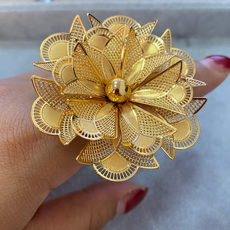 Dubai Gold Plated Rings Nigerian Big Flower Jewellery Indian Wedding Ethiopian