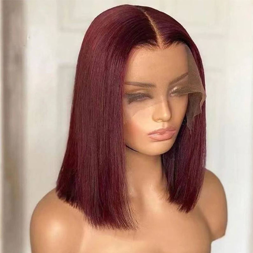 Thumbnail: Burgundy Straight Bob Lace Front Human Hair Wigs 13*5*1T Middle Lace Part Brazi