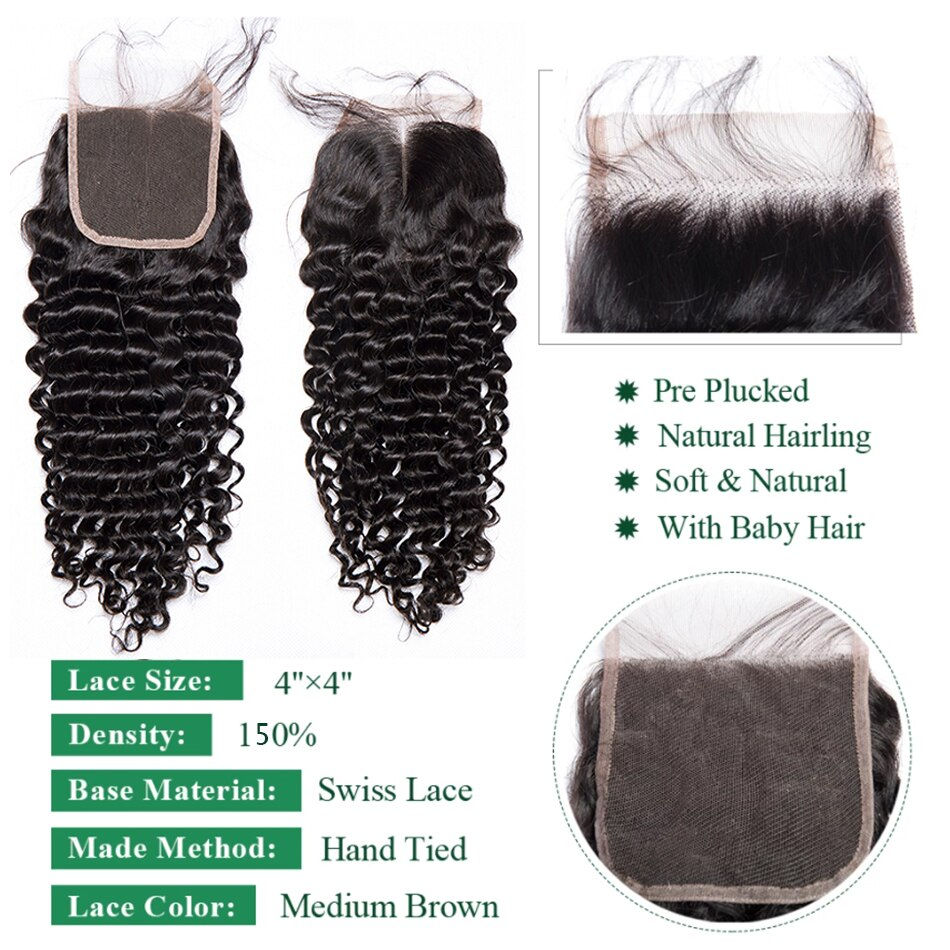 Miniaturbild: 12A Peruvian Deep Wave Bundles With Cloure Frontal 100% Virgin Human Hair 3 Bun