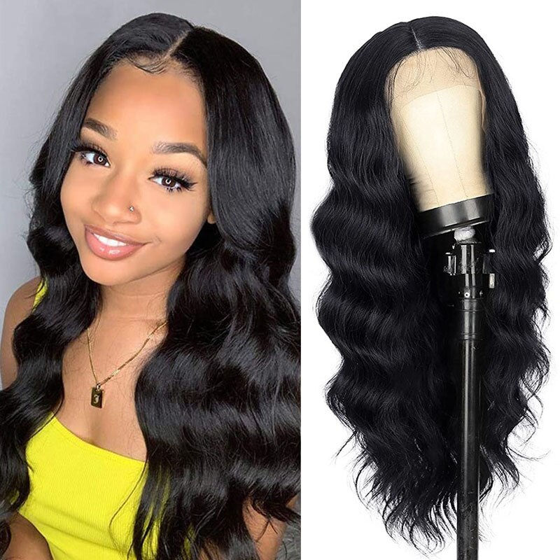 Natural Black Body Wave Synthetic Lace Wigs For Women Glueless Lace Frontal Wig