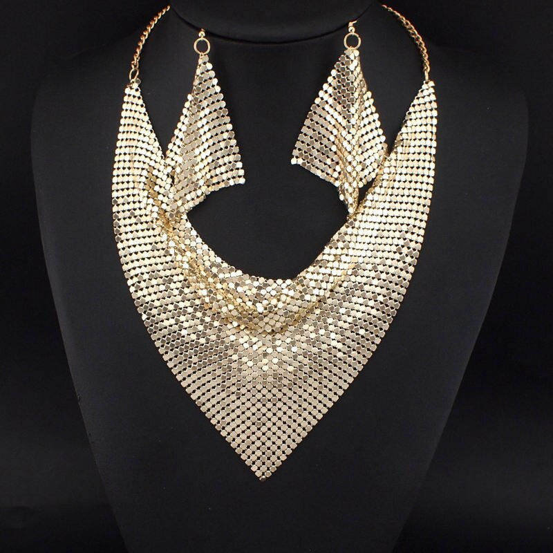 Thumbnail: Indian Jewelry Set Shining Rhinestone Metal Slice Bib Choker Necklaces Earrings