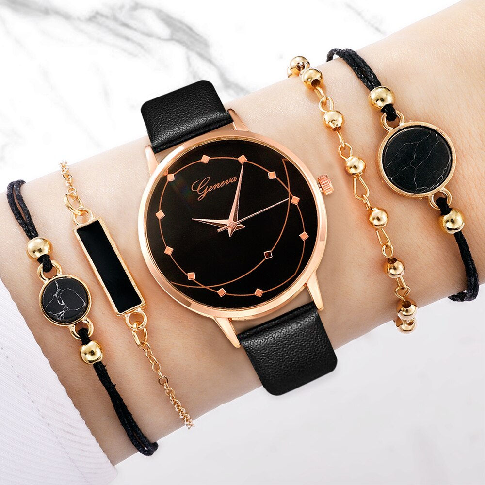 5pcs Set Women Fashion Watch Casual Leather Belt Watches Ladies Starry Sky Dial