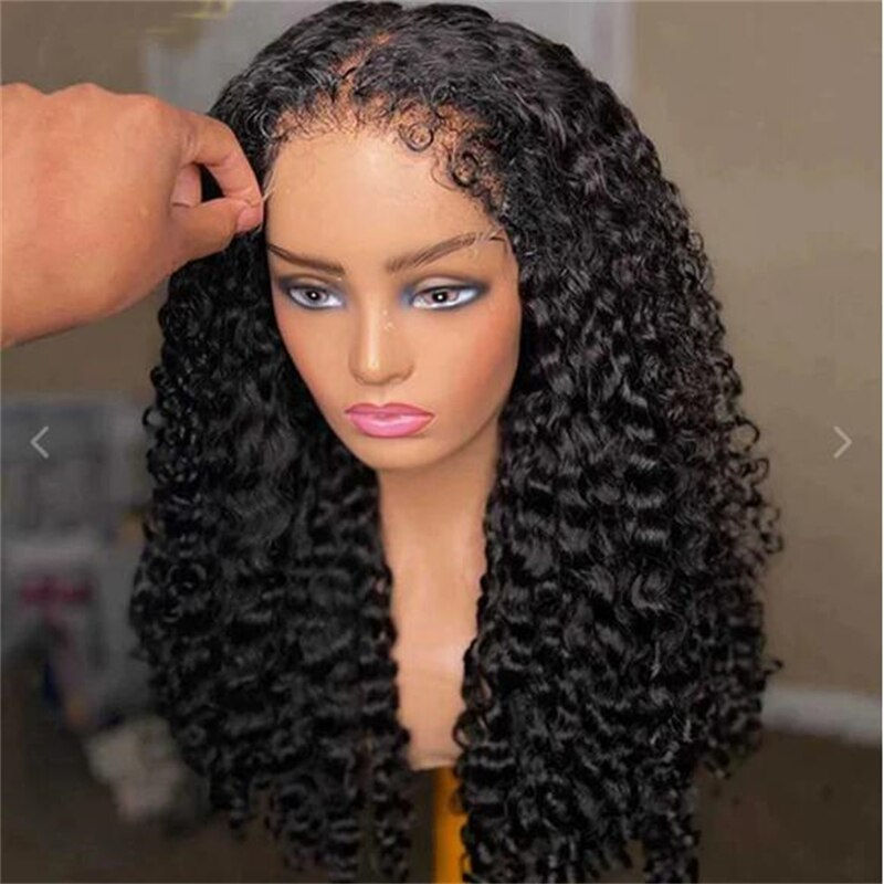 Thumbnail: 26 Inches Black Kinky Curly Glueless Preplucked Long 180%Density Lace Front Wig