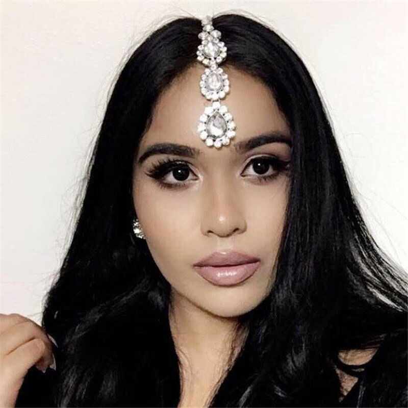 Thumbnail: Simple Fashion Water Drop Pendant Forehead Chain Boho Bride Wedding Shiny Rhine