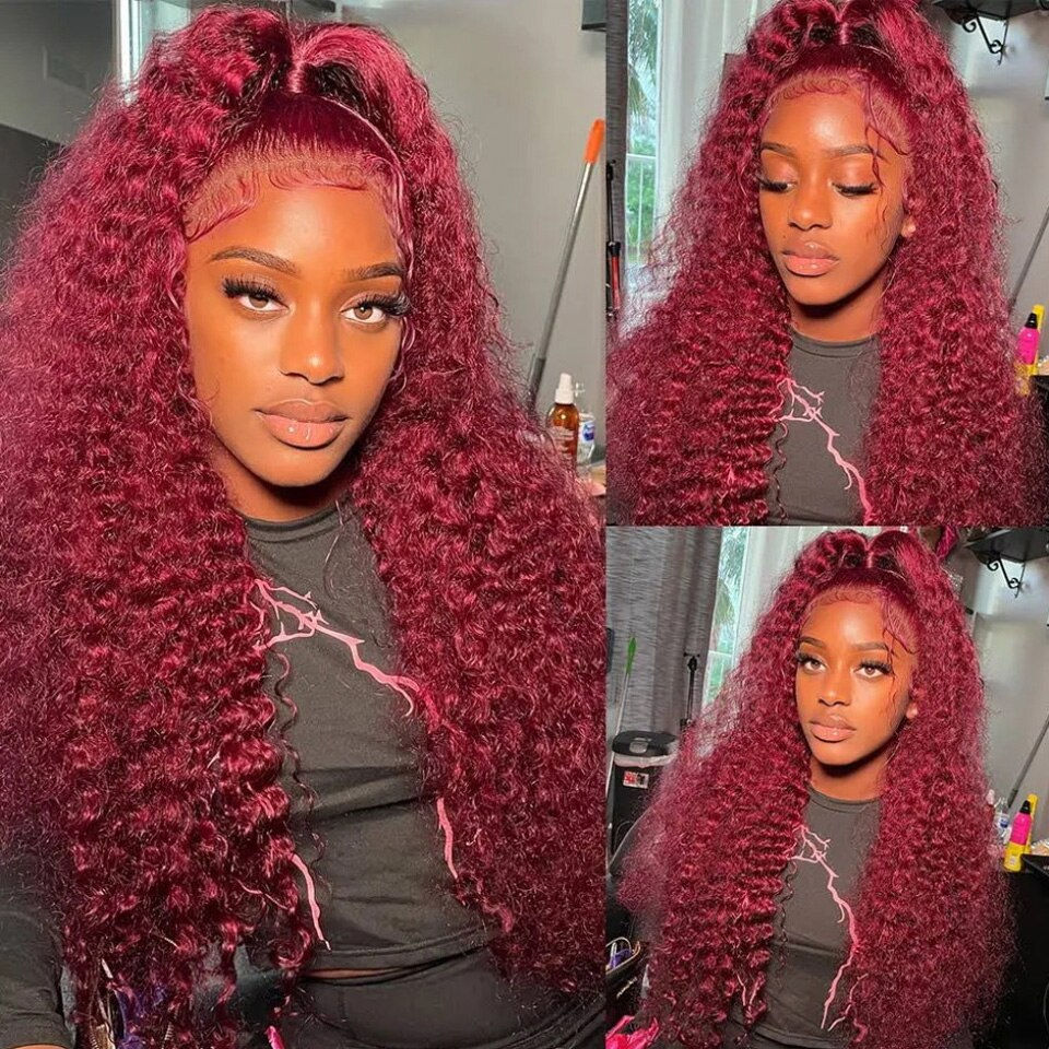 Thumbnail: 30 32 Inch 99J Burgundy Deep Wave 13x4 Lace Front Human Hair Wigs Brazilian Rem