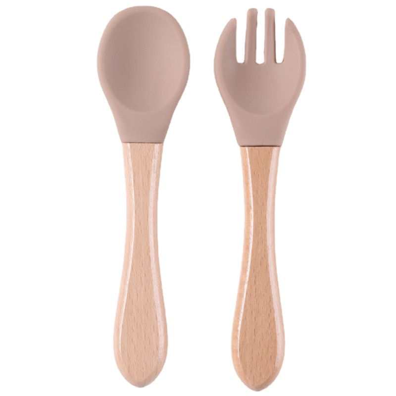 Thumbnail: Silicone Baby Feeding Spoon Fork with Wooden Handle Kids Learn To Eat Children'