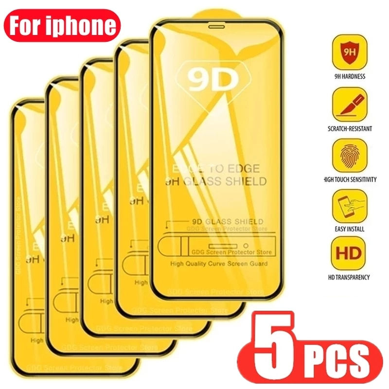 5PCS 9D Protective Glass Screen Protector for iPhone 14 13 12 11 Pro Max Mini 7