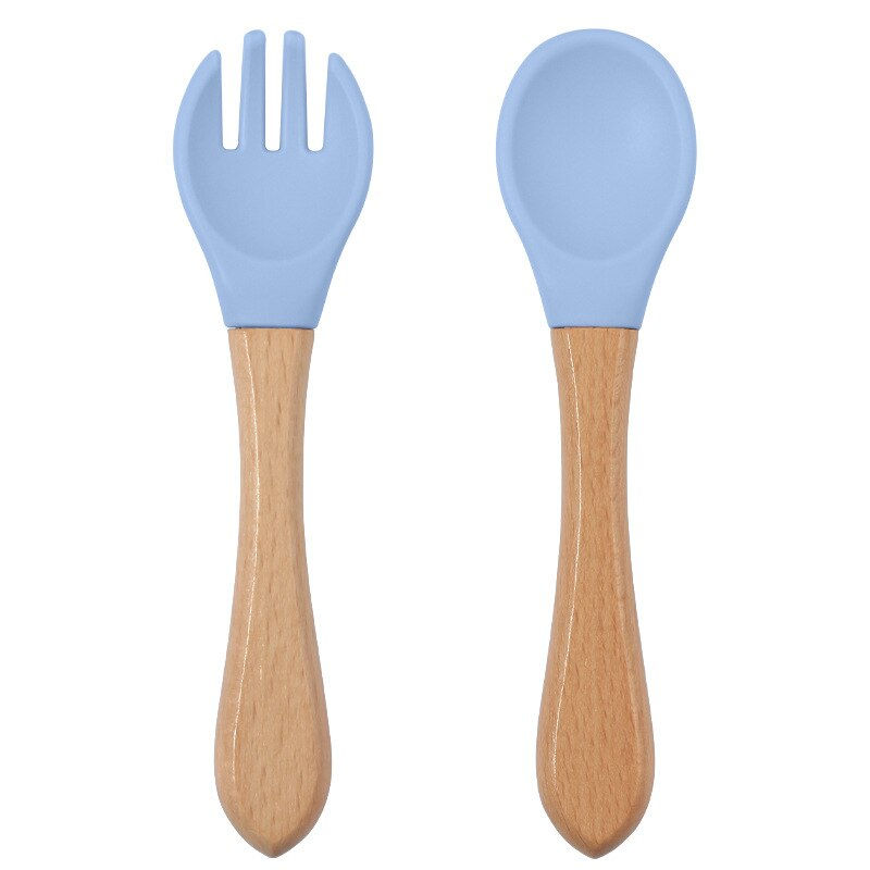 Thumbnail: 2PCS BPA Free Baby Silicone Spoon Fork Set Wooden Handle Baby Feeding Spoon For